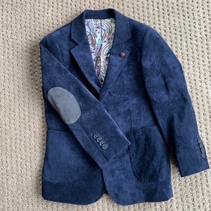 Boys blazer, navy blue with gray elbow patches. Isaac Mizrahi, size 5.